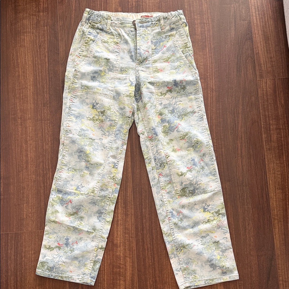 Pilcro Straight Leg Floral Print Pants in Light Blue, Green & Pink